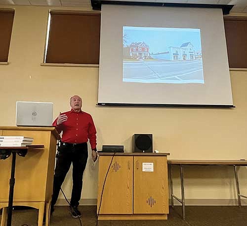 Local history enthusiast Dan Scrobell speaks about one of the most polarizing residents of Minocqua, “Sister” Margret Walsh, during a history presentation by the Minocqua Museum in partnership with the Minocqua Public Library on Thursday, April 25. (Photo by Trevor Greene/Lakeland Times)