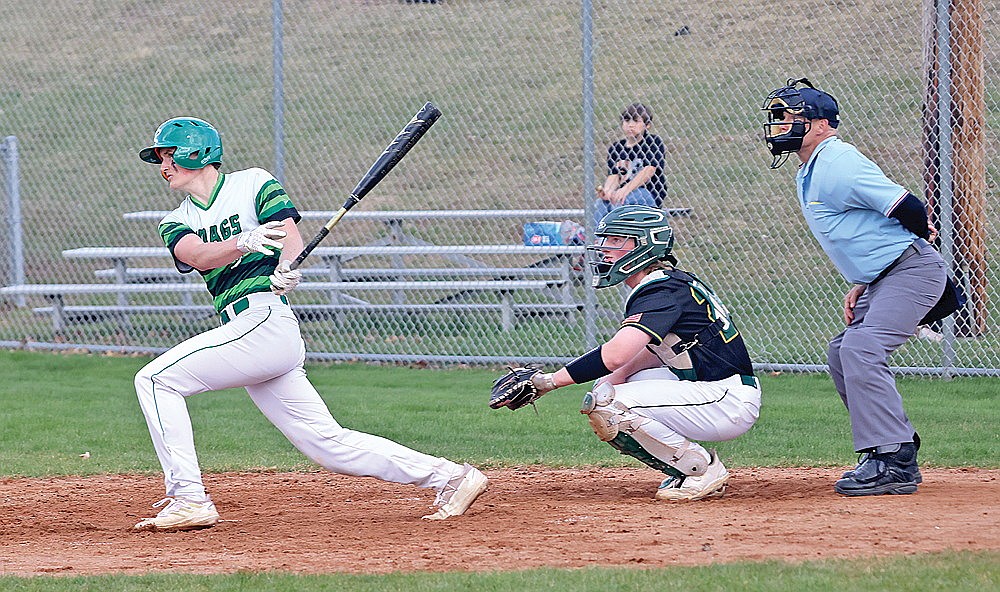 Rhinelander’s Dylan Vanderbunt hits a single during a non-conference baseball game against D.C. Everest at Stafford Field Tuesday, April 30. Vanderbunt went 3-for-3 on the day, marking his fifth straight multi-hit game, but the Hodags fell to the Evergreens, 8-0. (Bob Mainhardt for the River News)