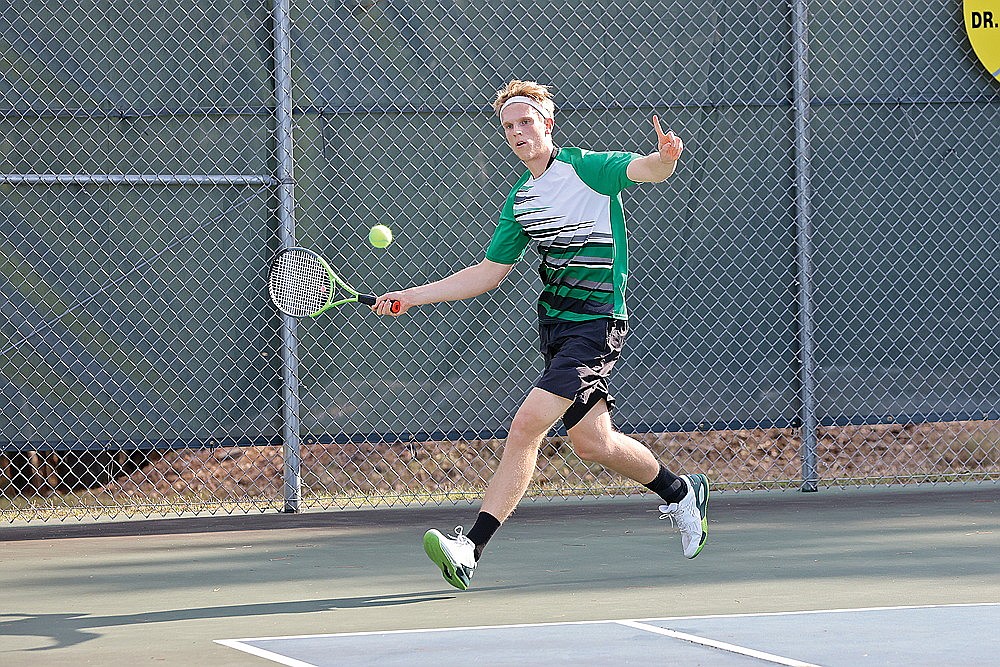 Rhinelander’s John Currie signals a shot out of bounds during a match against Stevens Point’s Mitchell Thielman in a non-conference boys’ tennis dual at the RHS tennis courts Tuesday, April 30. Currie dropped the match 1-6, 7-6 (4), 7-5, which proved to be the decisive point in the Panthers’ 4-3 victory. (Bob Mainhardt for the River News)