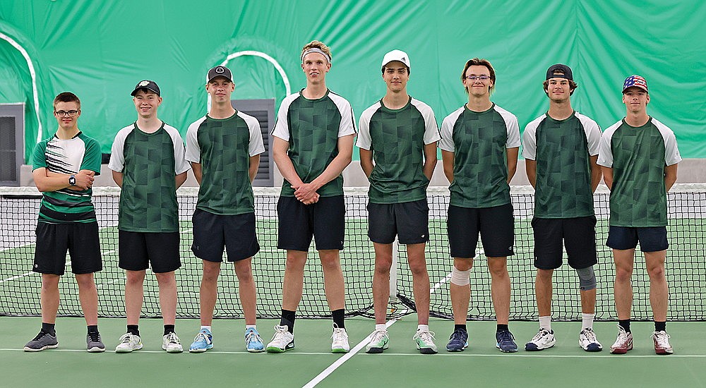 The eight seniors on the Rhinelander High School boys’ tennis team were honored prior to their final home dual meet of the season against Pacelli in the Hodag Dome Thursday, May 2. Pictured from left to right are Gabe White, Nick Lesch, Dawson Pontell, John Currie, Dalton Fritz, Zacha King, Joey Belanger and Gavin Denis. (Bob Mainhardt for the River News)