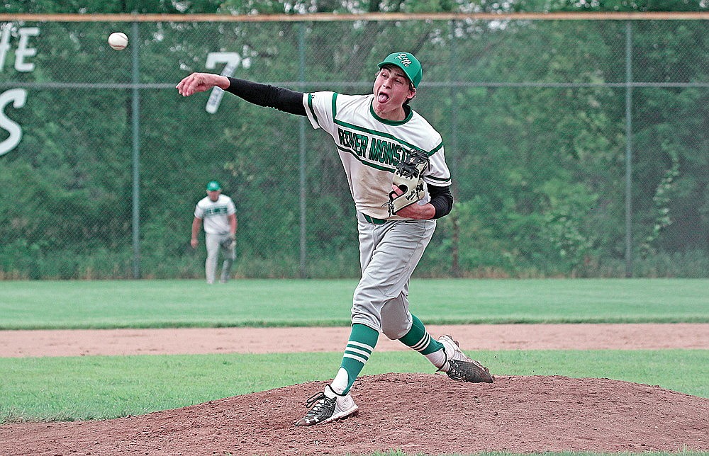 In this Aug. 14, 2023 file photo, Rhinelander’s Joe Schneider pitches during a WBA playoff game against Holmen in Ellsworth. Schneider, once he’s done with his sophomore season at UW-Stevens Point, figures to be the top pitching option for the Rhinelander River Monsters this summer, after going 5-1 with a 1.40 ERA for the club last year. (Jeremy Mayo/River News)