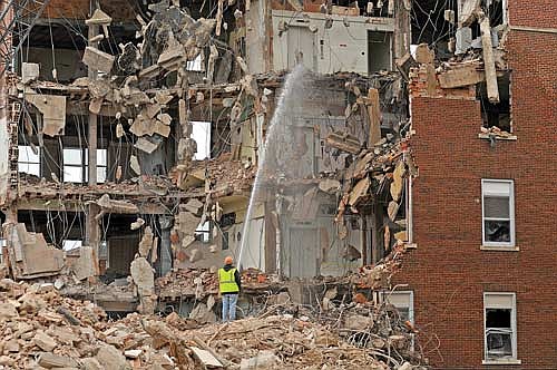 In this archive photo from 2011, workers demolish the former St. Mary’s Hospital on Kabel Avenue in Rhinelander. Rhinelander Investments LLC & 1044 Kabel Avenue LLC are seeking to redevelop the site to provide affordable housing to local workers. (River News file photo)