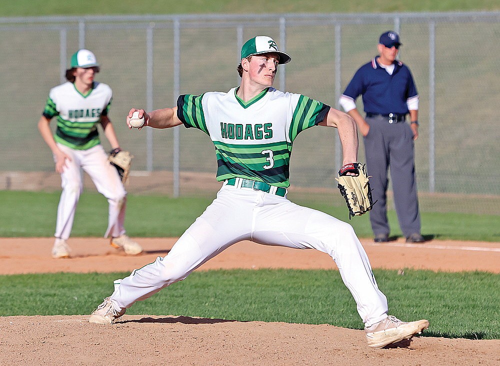 Rhinelander’s Dylan Vanderbunt pitches during a non-conference baseball game against Merrill at Stafford Field Monday, May 6. Vanderbunt allowed three runs on four hits over six-plus innings but the Hodags fell to the Bluejays, 3-2. (Bob Mainhardt for the River News)