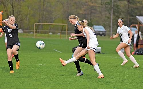 Bobbi Lee shoots and scores in the second half against Mosinee Thursday, May 9 at Edgewood Park Complex in Mosinee. (Photo by Brett LaBore/Lakeland Times)