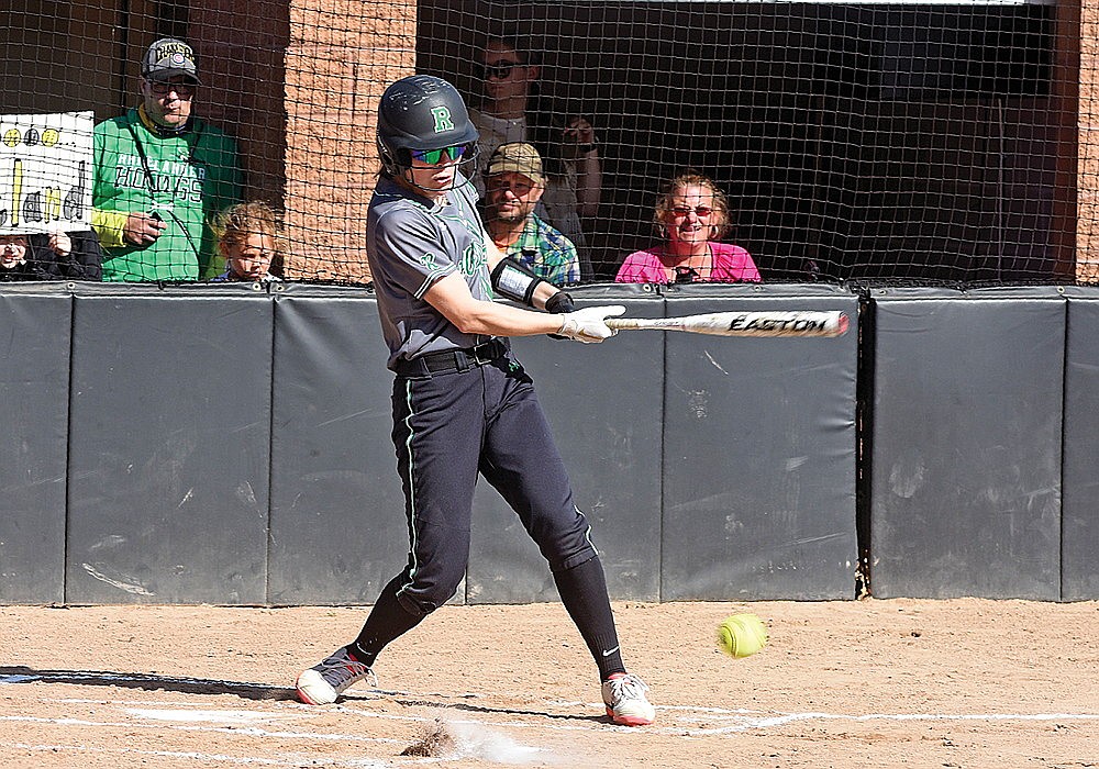 Rhinelander’s Lily Treder hits an RBI groundout during the first inning of a GNC softball game against Lakeland in Minocqua Thursday, May 9. (Brett LaBore/Lakeland Times)