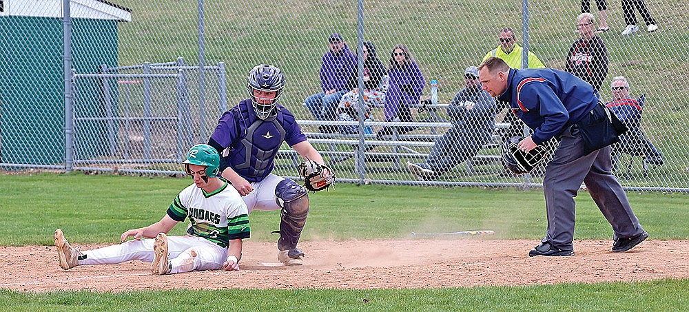 Rhinelander’s Adrian Patrone is tagged out at home plate during the first game of a GNC baseball doubleheader against Mosinee at Stafford Field Saturday, May 11. The Hodags were shutout in both games, losing 6-0 and 10-0. (Bob Mainhardt for the River News)