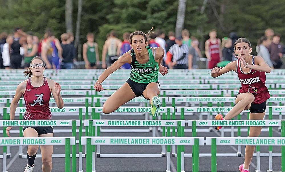 Rhinelander’s Aila Bergman competes in the 100-meter hurdles during the Rhinelander Invitational track meet at Mike Webster Stadium Thursday, May 9. Bergman won that event, and the 300 hurdles, helping the Hodags to a second-place finish in the meet. (Jeremy Mayo/River News)