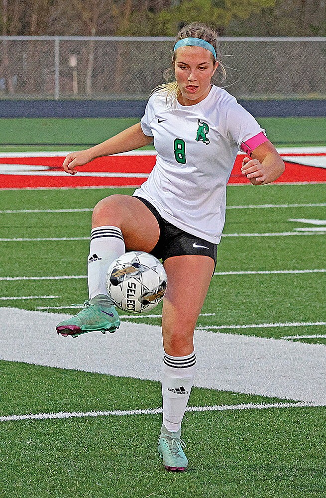 Rhinelander’s Sophie Miljevich possesses the ball during a GNC girls’ soccer game at Medford Thursday, May 9. Miljevich converted a penalty kick in the 42nd minute, the lone goal in the Hodags’ 1-0 victory over the Raiders. (Matt Frey/Star News)