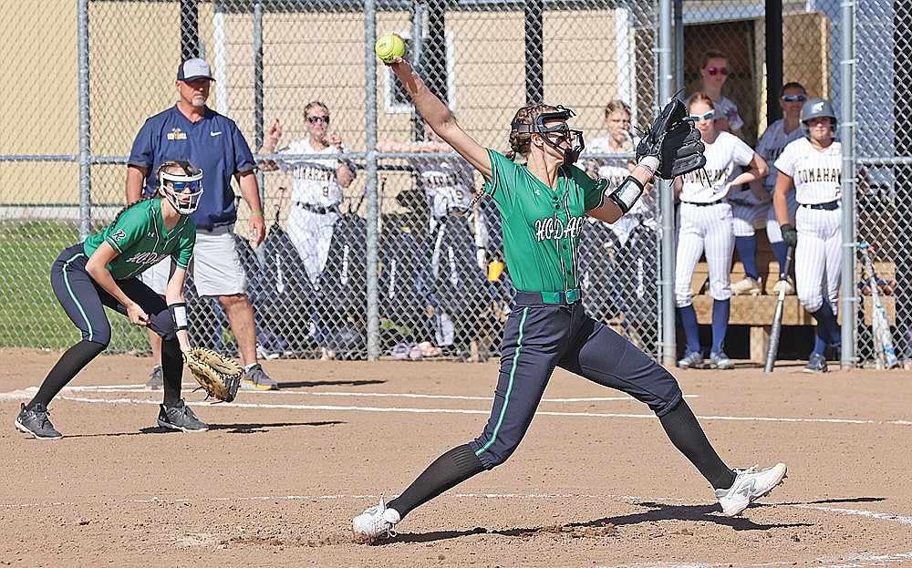 Rhinelander’s Laney Haenel pitches during the first inning of a GNC softball game against Tomahawk at Andrea Musson Field Tuesday, May 14. (Bob Mainhardt for the River News)