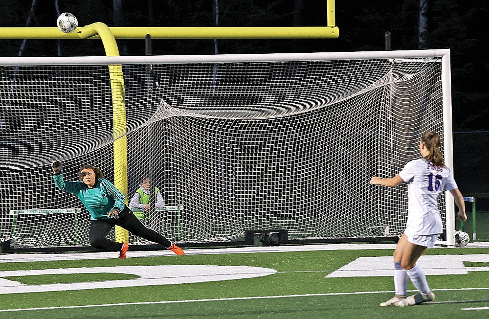Rhinelander goalkeeper Mya Krouze reacts as Zoe Anderson’s penalty kick sails high during a shootout following a GNC girls’ soccer game at Mike Webster Stadium Thursday, May 16. The Hodags won the shootout 3-1 after Pines failed to put three of its four penalty kick chances on frame. (Bob Mainhardt for the River News)