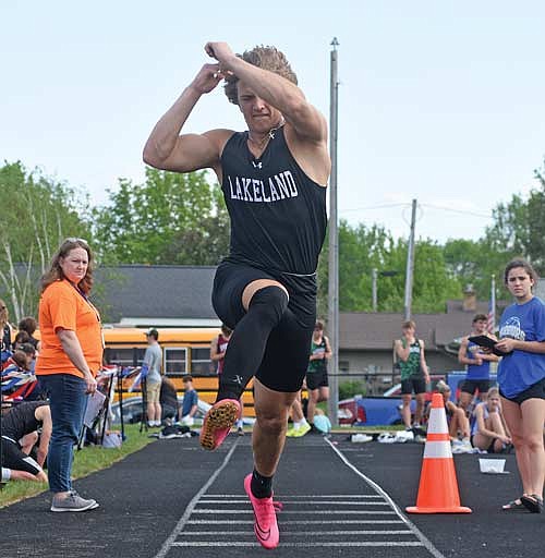 Maccoy Holmquist goes through his triple jump motion during a WIAA Division 2 regional meet Monday, May 20 at Dairy State Bank Stadium in Rice Lake. Holmquist finished second with a mark of 40-3. (Photo by Brett LaBore/Lakeland Times)