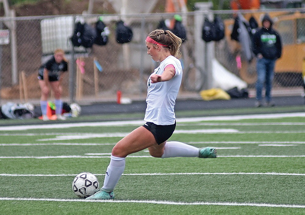 Rhinelander’s Sophie Miljevich attempts a free kick during the second half of a GNC girls’ soccer game against Lakeland in Minocqua Tuesday, May 21. Miljevich scored on the play as the Hodags played Lakeland to a 1-1 draw, but fell in a subsequent penalty kick shootout, 3-2. (Brett LaBore/Lakeland Times)