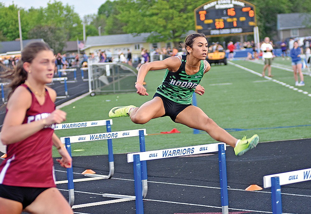 Rhinelander’s Aila Bergman competes in the 300-meter hurdles during a WIAA Division 2 regional in Rice Lake Monday, May 20. Bergman finished third in both the 100 and 300 hurdles, qualifying for sectionals in both events. (Brett LaBore/Lakeland Times)