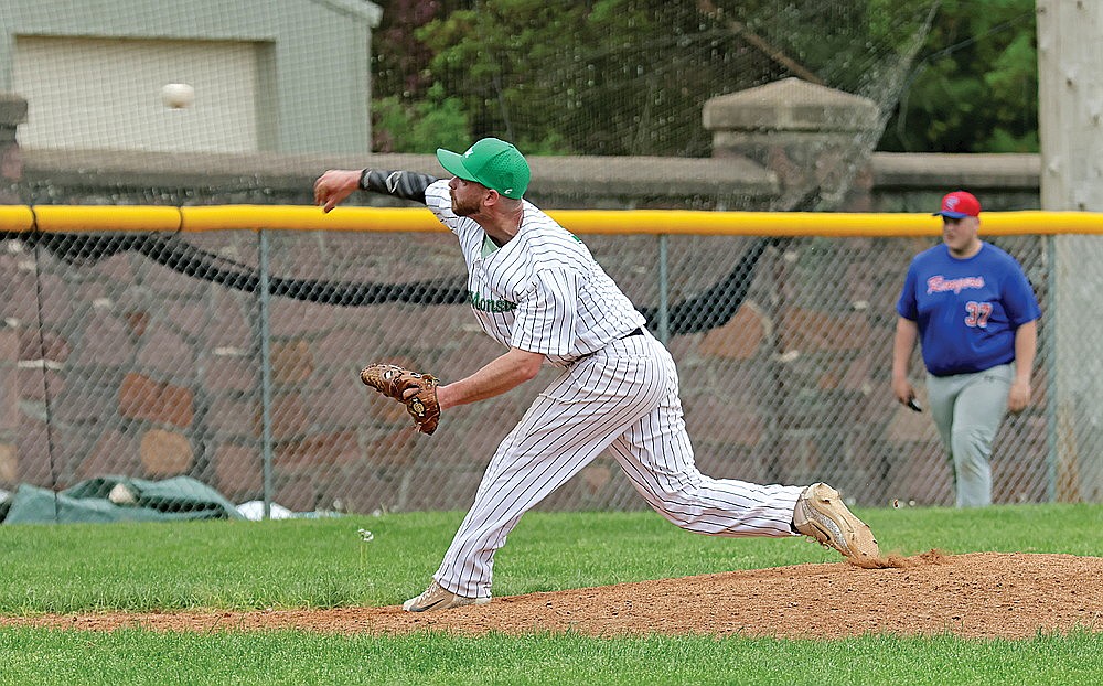 Rhinelander’s Easton Senoraske pitches during the ninth inning of a Dairyland League baseball game at Merrill Sunday, May 19. Senoraske struck out five over three innings of scoreless relief to earn the save as the River Monsters held off the Rangers, 11-9. (Jeremy Mayo/River News)