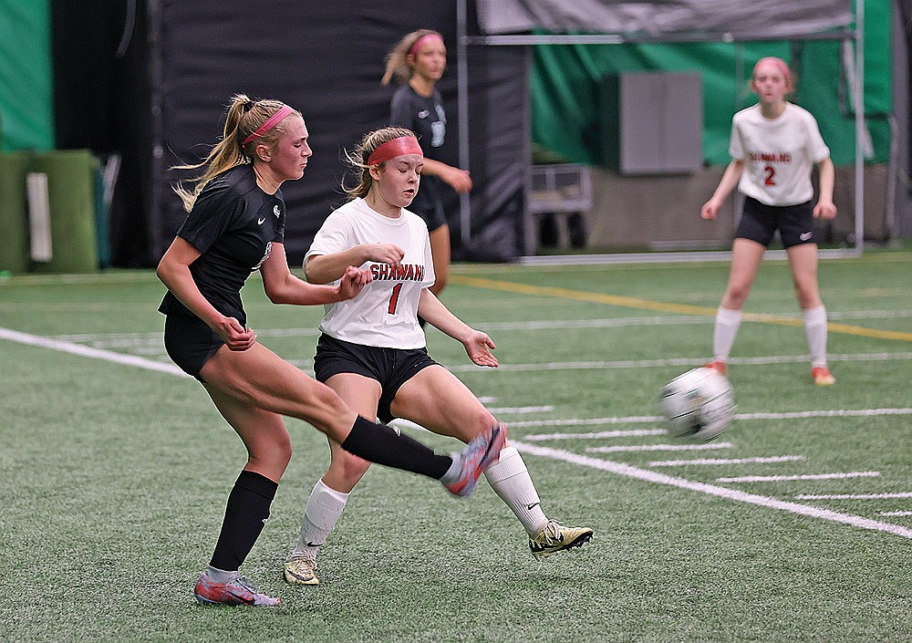 In this April 4, 2024 file photo, Rhinelander’s Vivian Lamers plays the ball against Shawano’s Madelyn Moesch during a non-conference girls’ soccer game in the Hodag Dome. Rhinelander and Shawano will meet Thursday in the opening round of the WIAA playoffs. The game is set for 7 p.m. at Mike Webster Stadium. (Jeremy Mayo/River News)