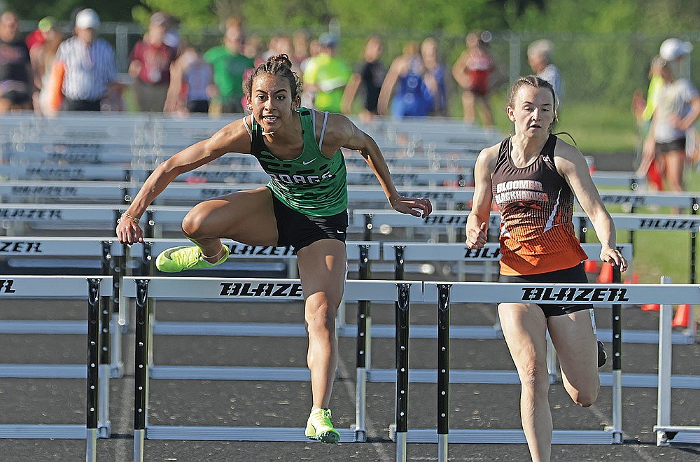 Rhinelander’s Aila Bergman heads to the finish of the 100-meter hurdles during a WIAA Division 2 sectional track meet in Colby Thursday, May 23. Bergman finished second in the event to qualify for the WIAA state meet. (Jeremy Mayo/River News)