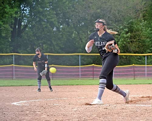 Saylor Timmerman delivers a pitch during a WIAA Division 2 regional final game against New London Thursday, May 23 at Memorial Park in New London. Timmerman struck out 23 batters without allowing an earned run. (Photo by Brett LaBore/Lakeland Times)