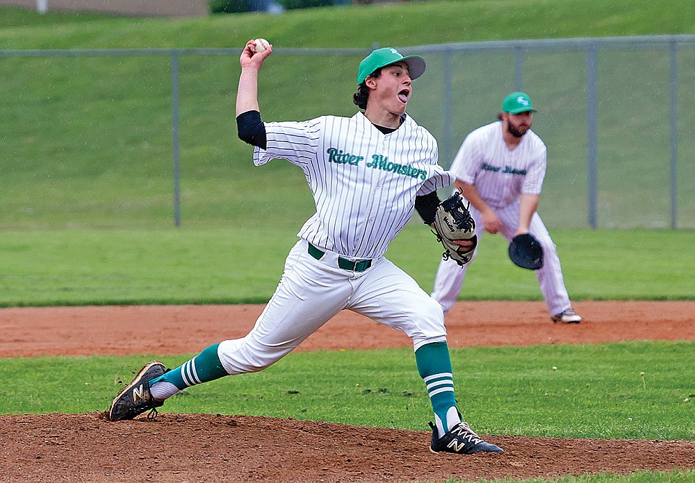 Rhinelander’s Joe Schneider pitches during a Dairyland League baseball game against Everest at Stafford Field Sunday, May 26. Schneider allowed eight runs over 3 2/3 innings as Everest rallied past Rhinelander, 10-7. (Bob Mainhardt for the River News)