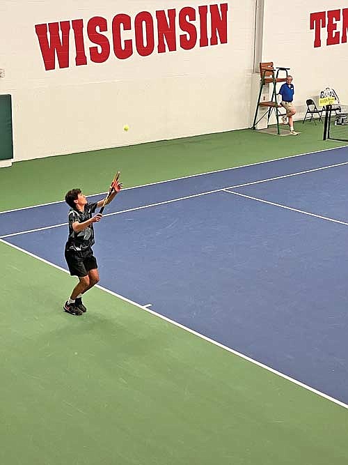 Dominic Gironella serves the ball in his No. 1 singles match against Joshua Horak of Appleton Xavier during the WIAA Boys’ Tennis State Individual Championships Thursday, May 30 at Nielsen Stadium in Madison. (Contributed photograph)