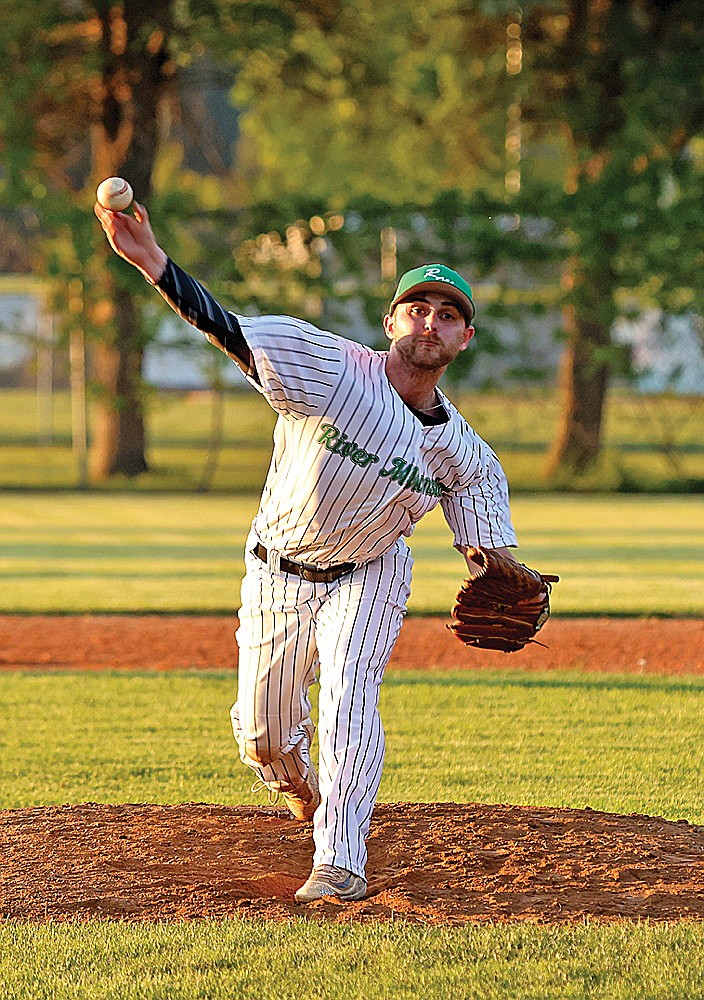 Rhinelander’s Easton Senoraske pitches during the eighth inning of an Dairyland Large-Small exhibition baseball game at Stafford Field Saturday, June 1. The River Monsters lost the game, 12-5 while Senoraske left the mound in the ninth inning due to arm discomfort, potentially thinning the Monsters’ pitching staff ahead of a key two-game weekend in Dairyland League play. (Bob Mainhardt for the River News)