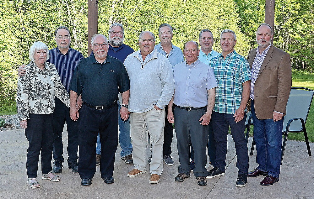 The Rhinelander High School 1981 boys’ Alpine ski team poses for a photograph prior to their induction into the Hodag Hall of Fame Wednesday, May 29 in Rhinelander. Pictured in the front row, from left to right are assistant coach Charlotte Schneider, assistant coach Jim Reevs, Dan Peterich, Greg McGuire, Brian Kief and Eric Eggman. In the back row are Tom Schneider, Todd Bessey, Bob Shoberg and Bart Musil. Head coach Bill Schneider was honored posthumously. Team members Shane Arneson, Terry Haese and Henk Twisk were unable to attend. (Bob Mainhardt for the River News)