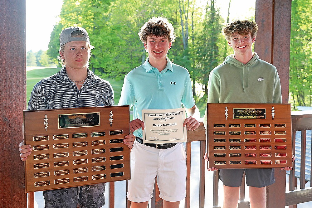 Rhinelander High School golf team award winners pose for a photograph following the team’s banquet at Northwood Golf Club Thursday, May 30. Pictured, from left to right, are Sam Schoppe, Brody Kowieski and Blake Petroff. (Bob Mainhardt for the River News)