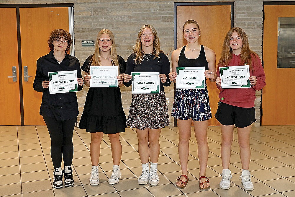 Rhinelander High School softball varsity award winners pose for a photograph following the team’s banquet in the RHS commons Sunday, June 2. Pictured, from left to right, are Willow Mutter, Dawsyn Barkus, Kelsey Winter, Lily Treder and Chase Verbist. (Bob Mainhardt for the River News)