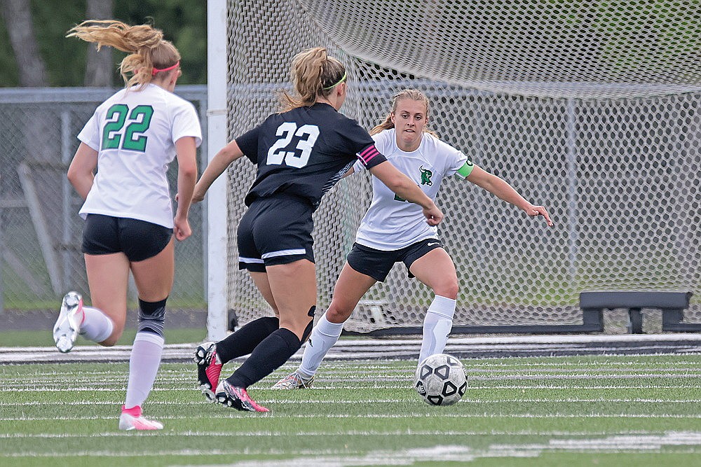 Rhinelander’s Emma Chiamulera defends Lakeland’s Josie Wentland during a WIAA Division 3 regional final girls’ soccer game in Minocqua Saturday, June 1. Chiamulera was named the Great Northern Conference’s defensive player of the year when the All-GNC girls’ soccer team was announced last Friday. (Jeremy Mayo/River News)