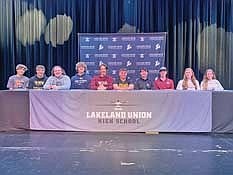 Lakeland Union High School held Signing Day for 10 student-athletes Wednesday, May 22 in Minocqua. Student-athletes pictured, from left, are Logan Gray, Talon Haling, Zane Amershek, Maccoy Holmquist, Owen Clark, Leonard Chosa, Matt Haggart, Gray Wagner, Meg Pfannerstill and Taylor Heleniak. (Contributed photograph)