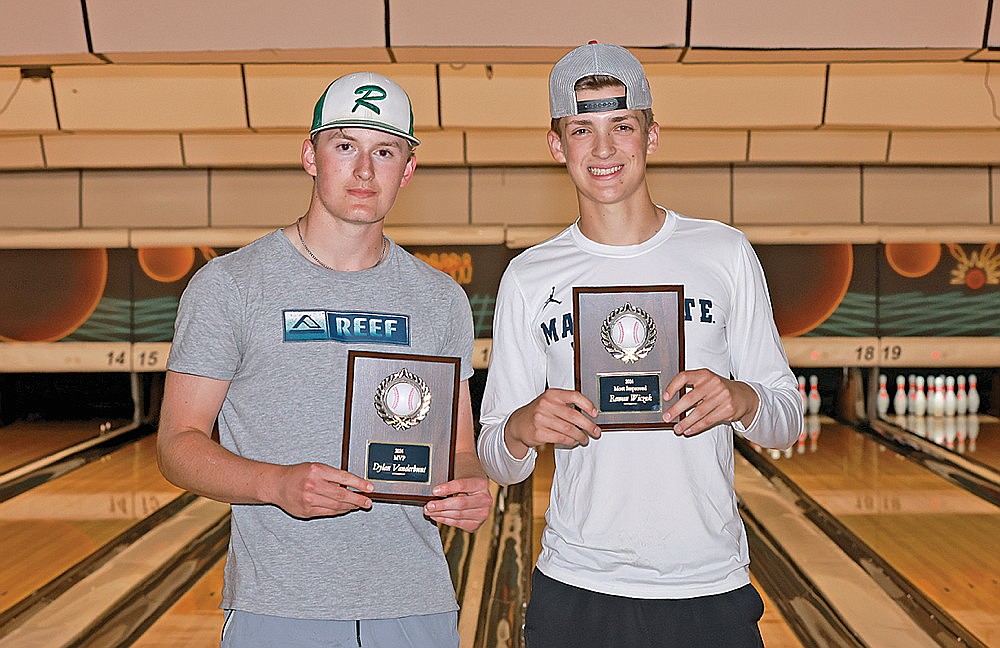 Rhinelander High School baseball award winners Dylan Vanderbunt (MVP) and Rowan Wiczek (most improved) pose for a photo following the team’s banquet at Nick’s Hodag Lanes Tuesday, June 4. The awards were voted on by their peers. Hodag Award winner James Heck was unavailable for the photograph. (Bob Mainhardt for the River News)