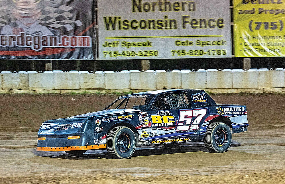 Prentice’s Brent Mindock races at in the Pure Stock feature at Eagle River Speedway Tuesday, June 11. Mindock claimed the feature victory in the class. (Jack Flint/Flintography for Eagle River Speedway)