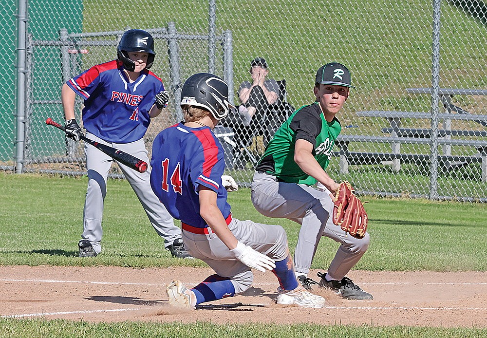 Rhinelander’s Dylan Webster prepare to tag out an Eagle River runner at home plate during the second inning of a Northwoods Babe Ruth Prep League game at Stafford Field Thursday, June 13. (Jeremy Mayo/River News)