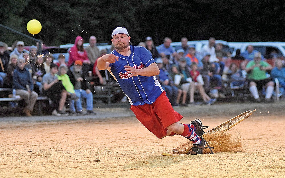 Derek Young makes an off-balanced throw in the snowshoe baseball season opener Monday, June 17 at Snowshoe Park in Lake Tomahawk. (Brett LaBore/Lakeland Times)