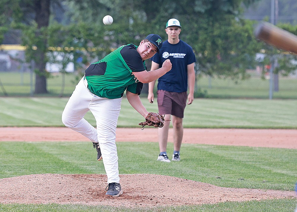 Rhinelander’s Parker McCone pitches during the first inning of a Northwoods Babe Ruth Senior League game against Eagle River at Stafford Field Tuesday, June 18. (Bob Mainhardt for the River News)