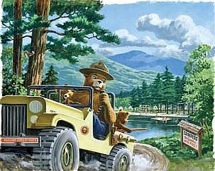 Pictured is a 1980 portrait by USDA FS artist Rudy Wendelin. Smokey Bear calls out: “Green and clear here,” as he drives away after checking out a USDA FS campground. “Ten Four, Green and Clear,” will be one of 19 replica Smokey Bear portraits on display at the Pioneer Park Historical Complex in Rhinelander July 2-10, 2024. (Smokey Bear images used with the permission of the USDA Forest Service)