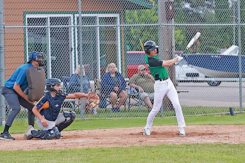 Rhinelander’s Ryley Hull collects a single during the fifth inning of a Northwoods Babe Ruth Senior League game against Tomahawk at Stafford Field Thursday, June 20. Hull collected two hits in the Hodags’ 5-4 loss. (Bob Mainhardt for the River News)