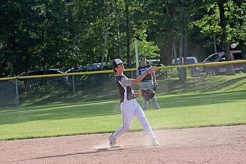 Brody Will throws the ball to second base for an out in the second inning against Rhinelander Monday, June 24 at Minocqua Park Complex. (Photo by Brett LaBore/Lakeland Times)