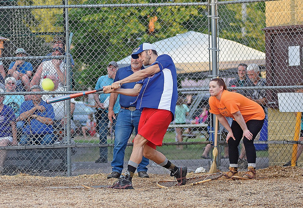 Jesse Robinson homers to left field in the fourth inning of a 28-7 win over Pukall Lumber Studs Monday, June 24 at Snowshoe Park in Lake Tomahawk. (Brett LaBore/Lakeland Times)