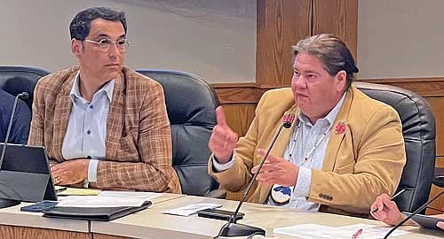 Rod Carter, left, attorney for the Great Lakes Inter-Tribal Council and the organization’s chief executive officer Bryan Bainbridge at the June 27 meeting of the Oneida County Board of Adjustment. (Photo by Brian Jopek/Lakeland Times)