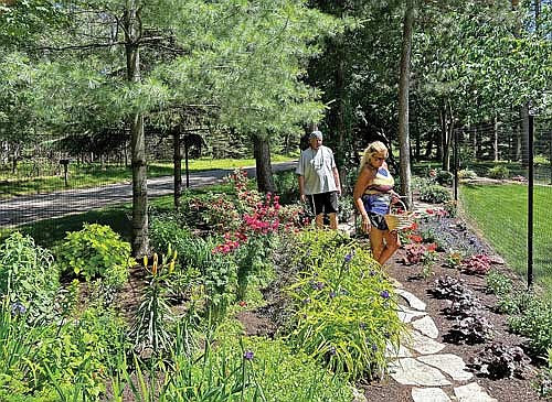 Tony Bogdanovich, left, and Jan Kitzrow tend to the roadside portion of their beautiful “Log Home Garden” on Sunday, June 23. The garden will be featured with walking tours at the GardenFest event on Saturday, July 20. On the day of the event, GardenFest participants will be able to admire the roadside garden along with several other various gardens on the Woodland Lake property located at 1038 Arbor Green Court, in Woodruff. (Photo by Mikey Rottier/Lakeland Times)