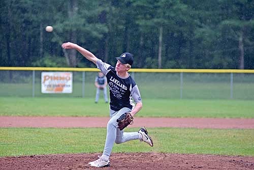 Lakeland’s Gabriel Karch throws a pitch in the top of the third inning in Lakeland’s matchup with Phillips on Tuesday, July 2, at the Minocqua 70 west Park Complex. (Photo by Mikey Rottier/Lakeland Times)