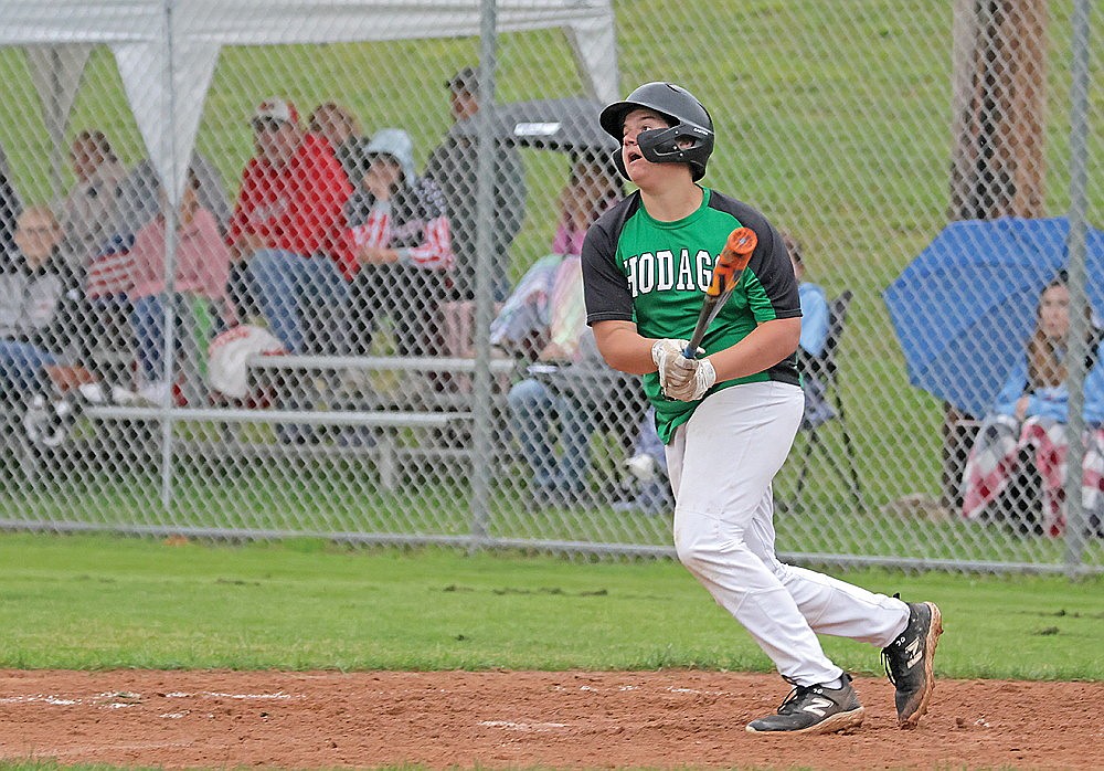 Rhinelander’s Parker McCone hits an RBI single during the second inning of a Northwoods Babe Ruth Senior League game at Stafford Field Tuesday, July 2. (Jeremy Mayo/River News)