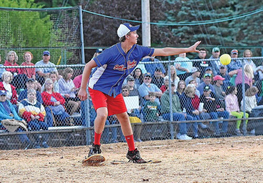 Ryan Morien tosses the ball to second base in the fourth inning Monday, July 8 at Snowshoe Park in Lake Tomahawk. (Bob Mainhardt for the River News)