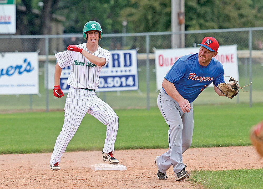 Rhinelander’s Quinn Lamers stands on second after hitting a double during the second inning of a Dairyland League baseball game against Merrill at Stafford Field Sunday, July 7. Lamers went 3-for-5 with two doubles, an RBI and three runs scored as the River Monsters defeated the Rangers, 8-2. (Bob Mainhardt for the River News)
