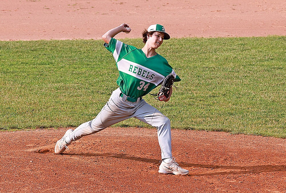 Rhinelander’s Mason Schmidt pitches during the first inning of the first game of an American Legion baseball doubleheader at Tomahawk Friday, July 12. Rhinelander starting pitchers struggled late last week, walking 16 batters over 12 innings as the Rebels lost to D.C. Everest and split with Tomahawk. (Bob Mainhardt for the River News)