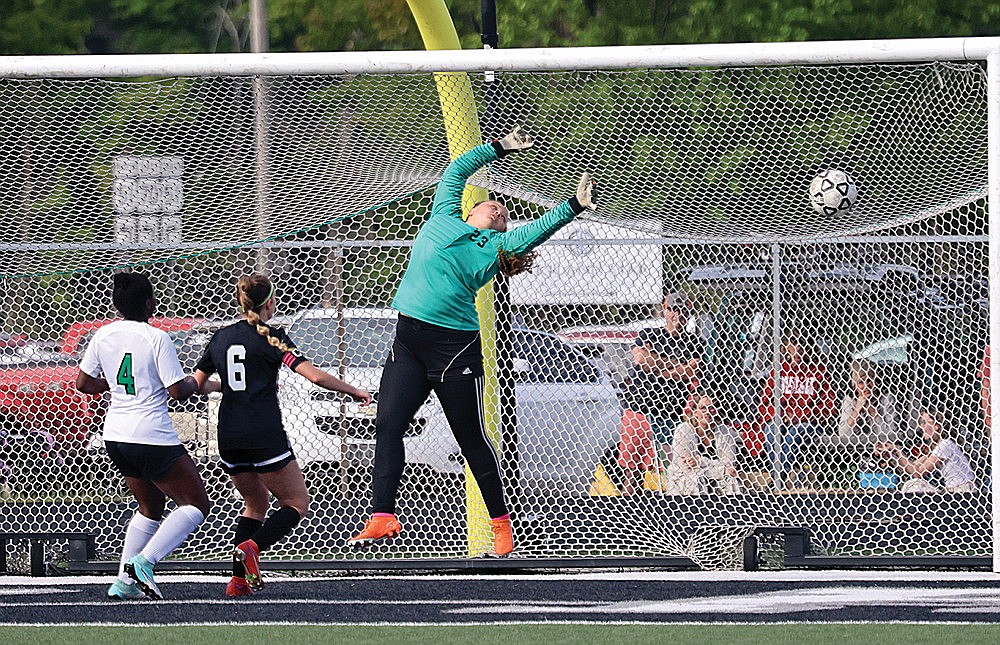 In this June 1, 2024 file photo, Rhinelander goalkeeper Mya Krouze attempts to save a free kick by Lakeland’s Josie Wentland during a WIAA Division 3 girls’ soccer regional final game in Minocqua. The Hodags went 12-3-4 on the season, but two of their losses and one tie came at the hands of their Great Northern Conference rival. (Bob Mainhardt for the River News)