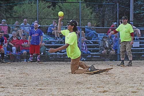 Wes Wolf of Wickman Construction throws home in the fifth inning against the Snowhawks Monday, July 15 at Snowshoe Park in Lake Tomahawk. (Photo by Brett LaBore/Lakeland Times)