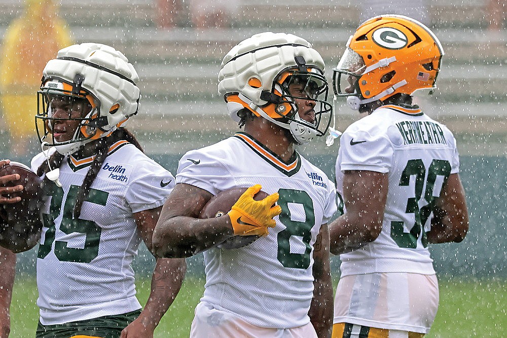 Packers running back Josh Jacobs, a key offseason acquisition, carries the ball during NFL training camp practice in Green Bay Tuesday, July 23.