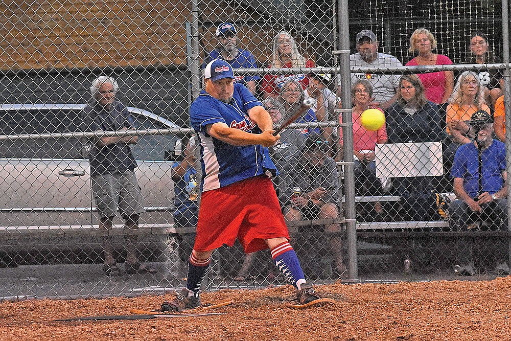 Cole Punches hits an RBI single to left in the seventh inning of a 9-7 win over Black Bear Bar Monday, July 29 at Snowshoe Park in Lake Tomahawk. (Brett LaBore/Lakeland Times)