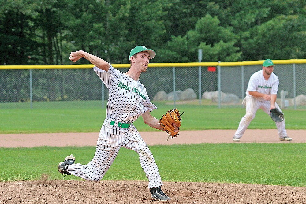 Rhinelander’s Josh Randolph pitches during a Dairyland League baseball game in Minocqua Sunday, July 28. Randolph allowed no earned runs on four hits with eight strikeouts in a complete-game effort as the River Monsters held off the Wood Ducks, 4-3. (Bob Mainhardt for the River News)
